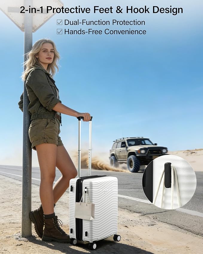 MILADA Expandable Carry On Luggage 20 Inch - Airline Approved Hardshell Suitcase with 8 Spinner Wheels, TSA Lock, Water-Resistant PC Shell, Lightweight & Durable for Travel, White