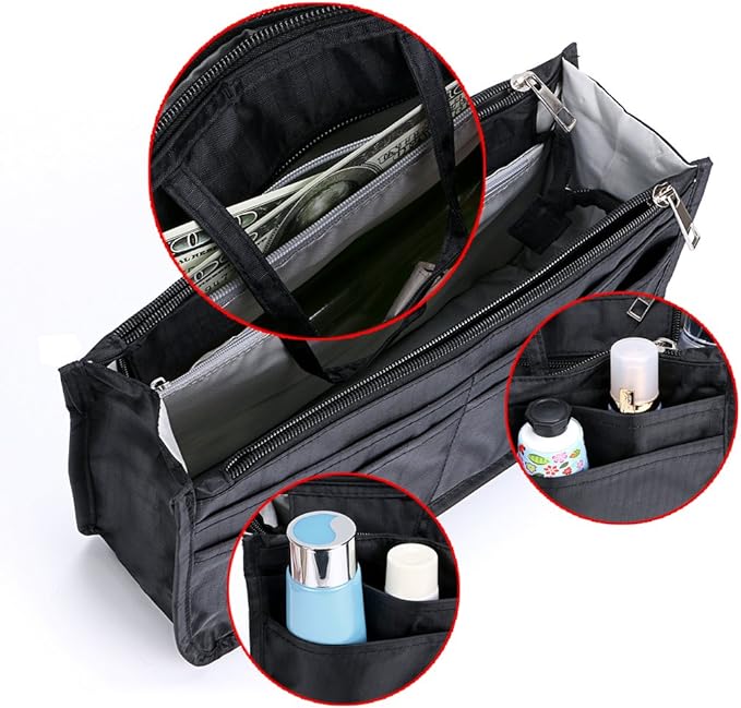 BTSKY Printing Handbag Organizers Inside Purse Insert - High Capacity 13 Pockets Bag Tote Organizer with Handle (Black)
