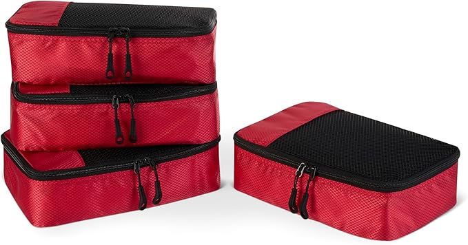 Amazon Essentials 4-Piece Space-Saving Packing Cubes Travel Accessories Set, Luggage Organizer with Double Zipper, Mesh Top, Small, Red (Previously Amazon Basics)