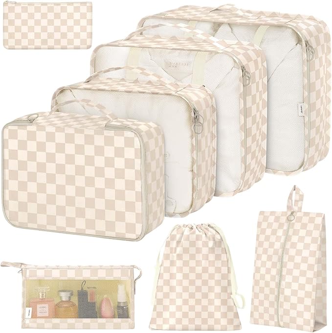 8 Set Packing Cubes for Suitcases,Packing Cube with Shoe, Cosmetics, Clothing, and Accessories Bags Packing Cubes for Travel Luggage Organizer Women Men(Khaki Grid-A)