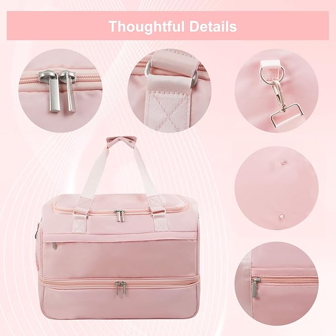 Carry On Travel Duffel Bag for Women & Men,Overnight Weekender Bag with Shoe Compartment,Trolley Sleeve and Adjustable Shoulder Strap,Business & Weekend Travel,Gym,Sports,Yoga & Dance (Pink)
