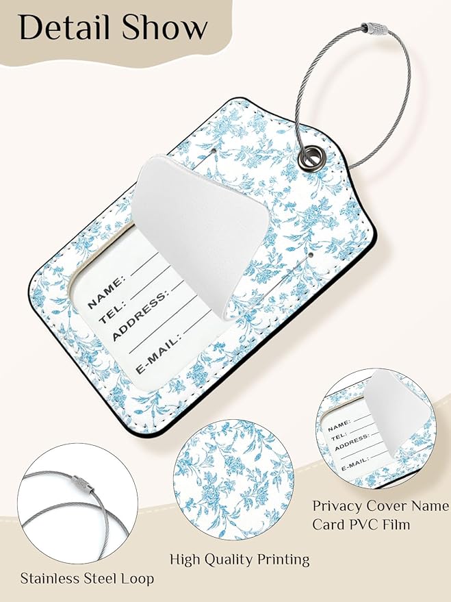 Seorsok 2Pcs Luggage Travel Tags for Suitcases,Elegant Sage Blue Floral PU Leather Name Tag with Privacy Cover&ID Label Address Card and Durable Metal Ring Suitable for Men Women Handbags Backpack