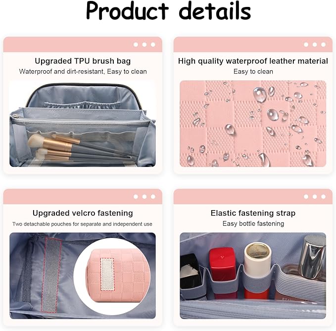 BOYATU Travel Makeup Bags for Women: Sweet Pink Checkered Large Capacity Cosmetic Bag - You Deserve a Little Sweetness Every Day - 3 Pcs Toiletry Organizer Holds 10-20 Full-Size 50-100ML Bottles