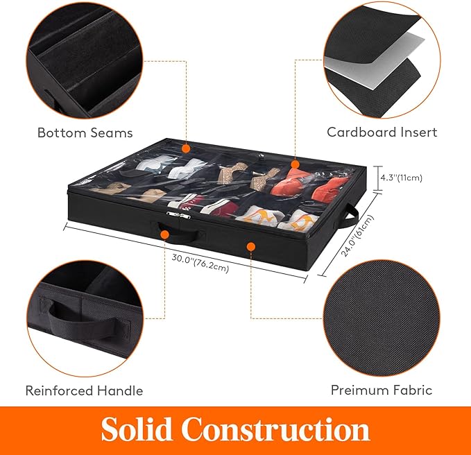 Lifewit Under Bed Shoe Storage Organizer Set of 2, 4.3 Inches Tall Low Profile Fabric Shoes Container Box with Clear Cover, Foldable Storage Bag with 2 Handles, Total Fits 24 Pairs of Shoes, Black