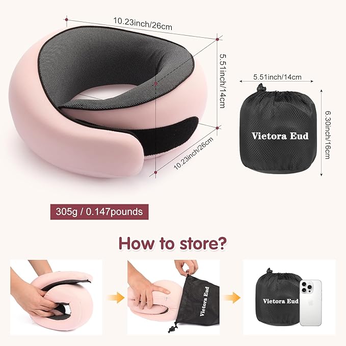 Travel Neck Pillow, Memory Foam Neck Support for Airplane, Car & Office, Breathable Portable Design with Eye Mask, Earplug Holder & Carry Bag, for Women&Men