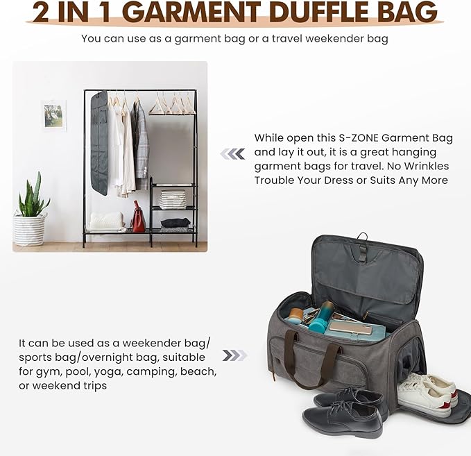 S-ZONE Carry On Garment Bag for Travel Convertible Duffle Bags for Men Women 2 in 1 Hanging Suitcase Business with Toiletry Bag
