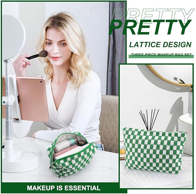EIMMBD Makeup Bag 3 Pieces Large Capacity Checkered Cosmetic Bags Travel Toiletry Bag Organizer Cute Makeup Pouch Storage for Women (Green)