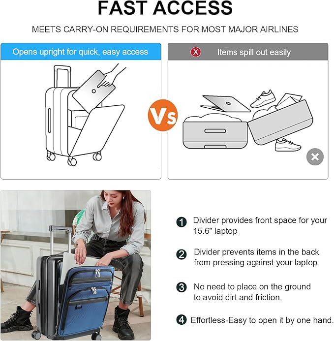 KROSER Hardside Expandable Carry On Luggage 22x14x9 Airline Approved With Front Business Pockets, 20 Inch Suitcases with Wheels, Carry on Suitcase with TSA Lock & USB Port, Black-Haze Blue