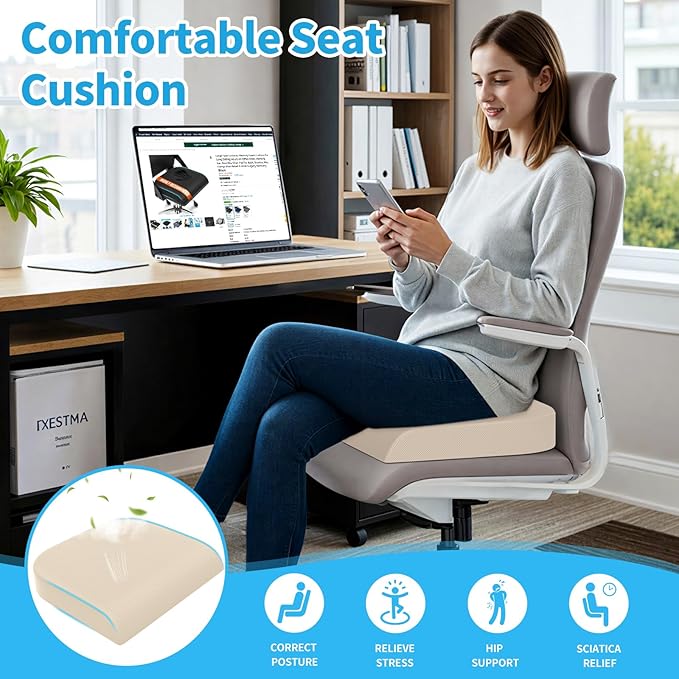 XLarge Seat Cushion, Memory Foam Cushion for Long Sitting Hours on Office Chair, Home & Car, Non-Slip Chair Pad for Relieving Back & Sciatica & Hip & Coccyx Pain (Khaki)
