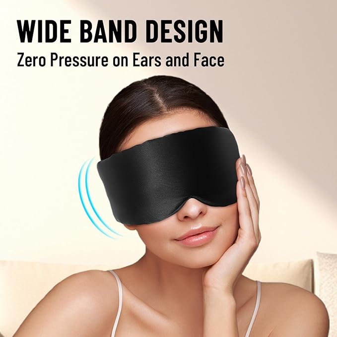 100% Mulberry Silk Sleep Mask, Large Eye Cover for Sleeping, Comfortable and Pressure-Free Sleeping Masks for Women Men, Completely Blackout (Black)