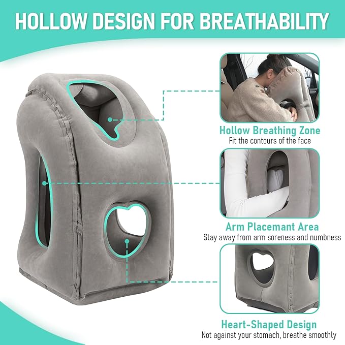 Inflatable Travel Pillow for Airplanes, Airplane Pillow for Long Flight Comfortably Supports, Used for Planes, Trains, Cars, Includes Storage Bag, Eye Mask & Earplugs (Grey)