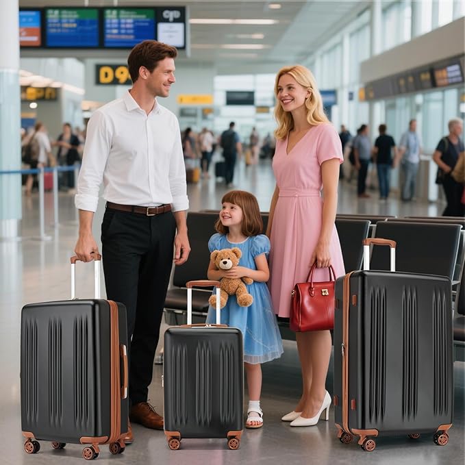 Kono Expandable Luggage 3 Piece Set Hardshell Lightweight 20in 24in 28in Carry On Suitcase with Spinner Wheels TSA Lock(Black & Brown)