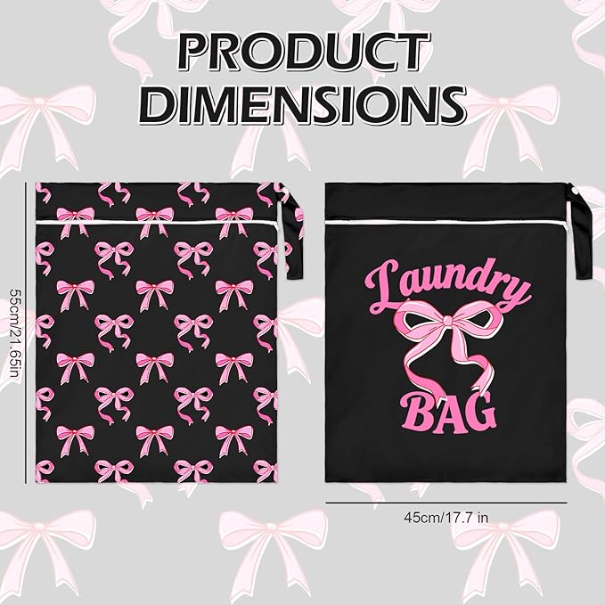 2 Pcs Large Travel Laundry Bags Waterproof Wet Dry Bag, Washable Dirty Clothes Bags for Travel，Drawstring, Bathing Suit, Workout, Gym Clothes Laundry, Swimming Pool & College Dorm, Black Bow