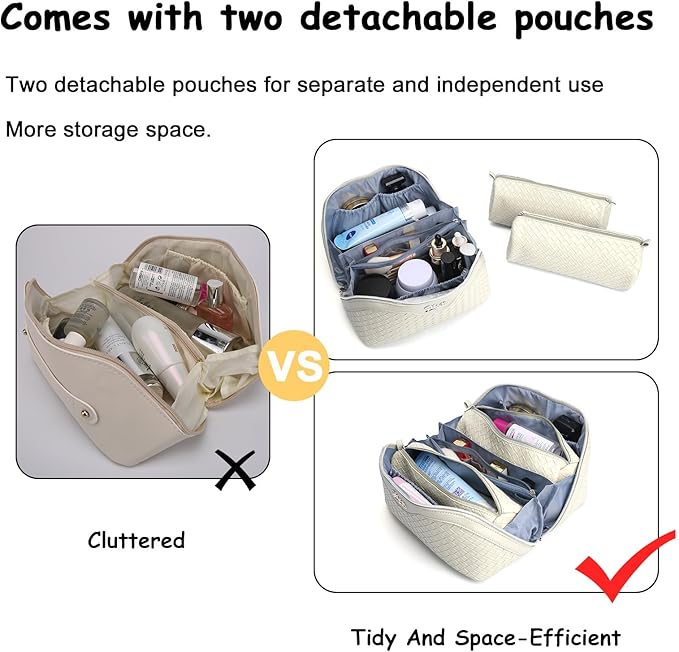 BOYATU Travel Makeup Bag Cosmetic Bags for Women: Large Capacity 3 Pcs Set Make up Bag with Compartments - Waterproof Vegan Leather Toiletry Organizer Bags with Handle (L09 Beige)
