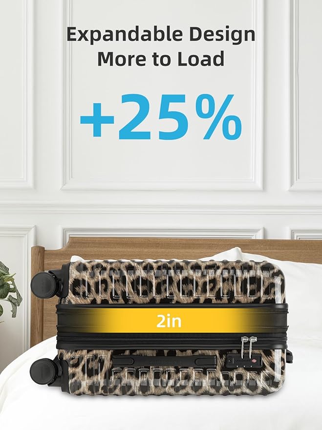 LARVENDER Carry on Luggage 22x14x9 Airline Approved, Expandable 20 Inch Hardside Suitcase with Wheels TSA Lock, PC+ABS Lightweight Carry on Suitcases for Women, Cheetah Print (20/DB/TB)