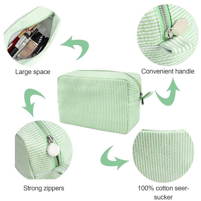 GFU Cosmetic Bags for Women, Seersucker Cosmetic Bag, Travel Toiletry Stripe Makeup Bag, Large Women Aesthetic Organizer Storage Pouch, Girls Handbags Purses, Green