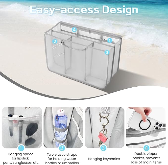 XYFuuee Beach Bag Organizer Inserts for Baby Medium Bogg Bag Accessories with 8 Removable Metal Fasteners, Lightweight Mesh Insert Divider Pouch, Organizing Rubber Tote, Save Storage Space, Gray M