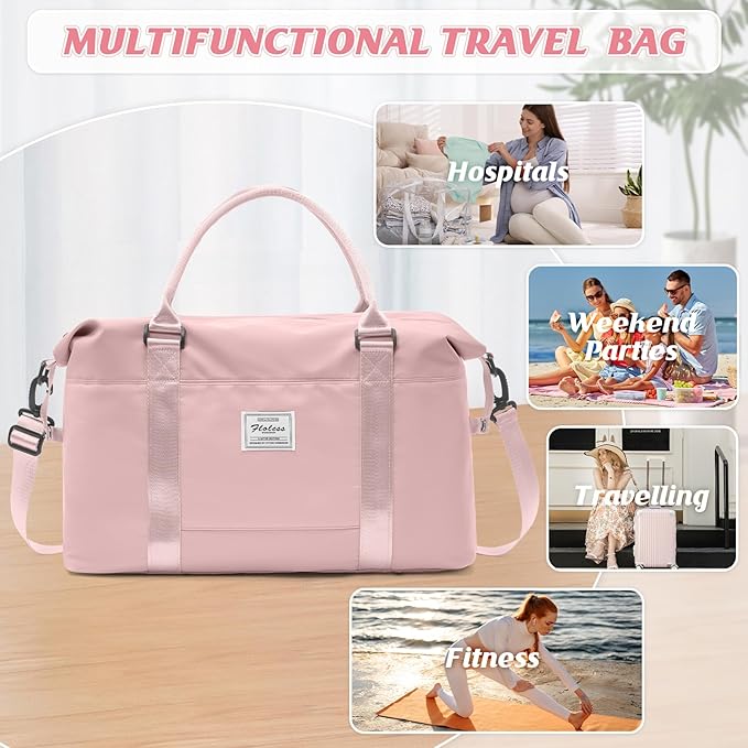 Womens travel bags, weekender carry on for women, sports Gym Bag, workout duffel bag, overnight shoulder Bag fit 15.6 inch Laptop Pink Large