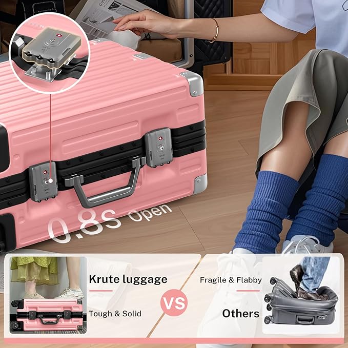 Krute Carry On Luggage 20 inch Aluminum Frame Luggage with Spinner Wheels Hardshell No Zipper PC+ABS TSA Lock Zipperless Suitcases