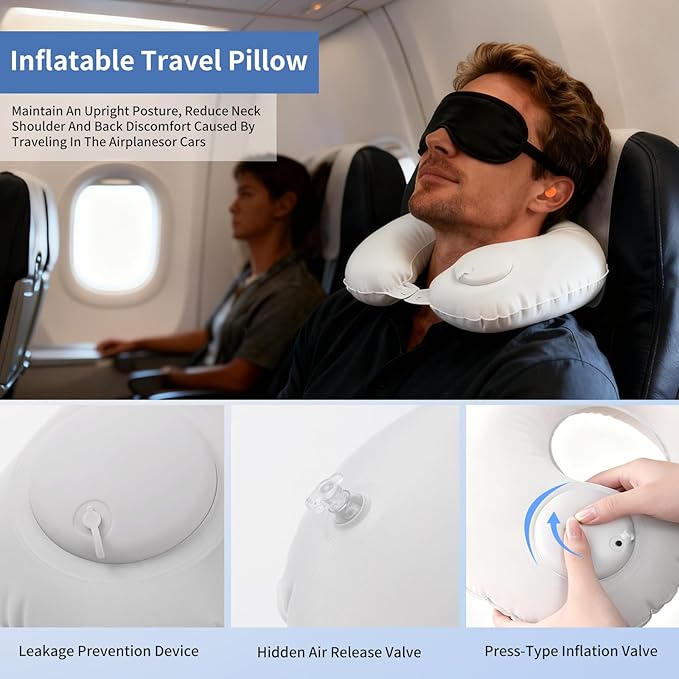 2 Pack Inflatable Travel Neck Pillow - Portable Airplane Pillow for Flights, Adjustable Neck Support for Cars & Trains (Grey)