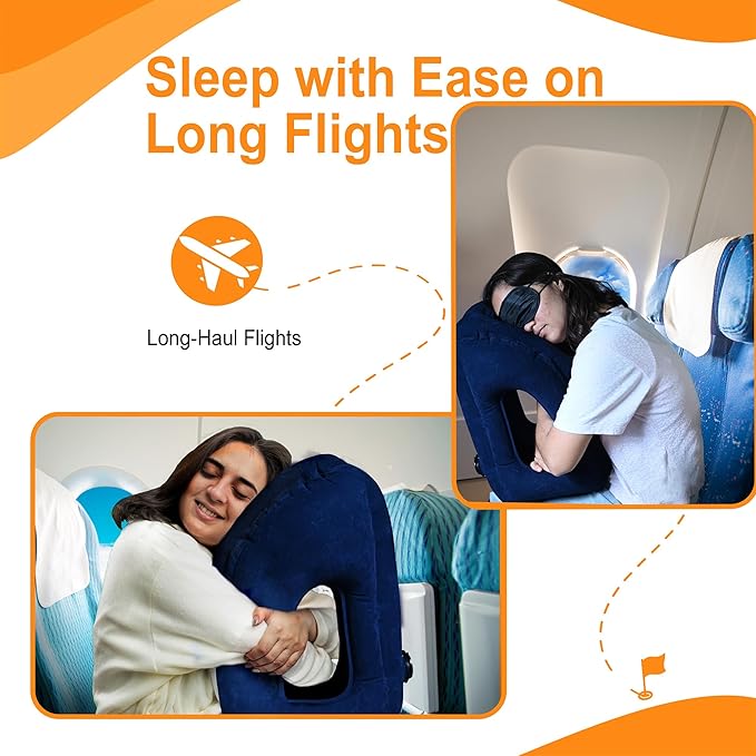 Inflatable Travel Pillow - Airplane Pillow for Neck Support on Planes, Buses, Cars, Office & Trains - Comes with Eye Mask, Earplugs & Portable Drawstring Bag (Blue)