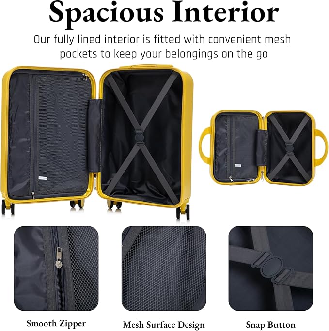 2 Pcs ABS Spinner Luggage Set - 14" Cosmetic Case & 20" Carry-On with Combination Lock, Front Opening Design, Yellow