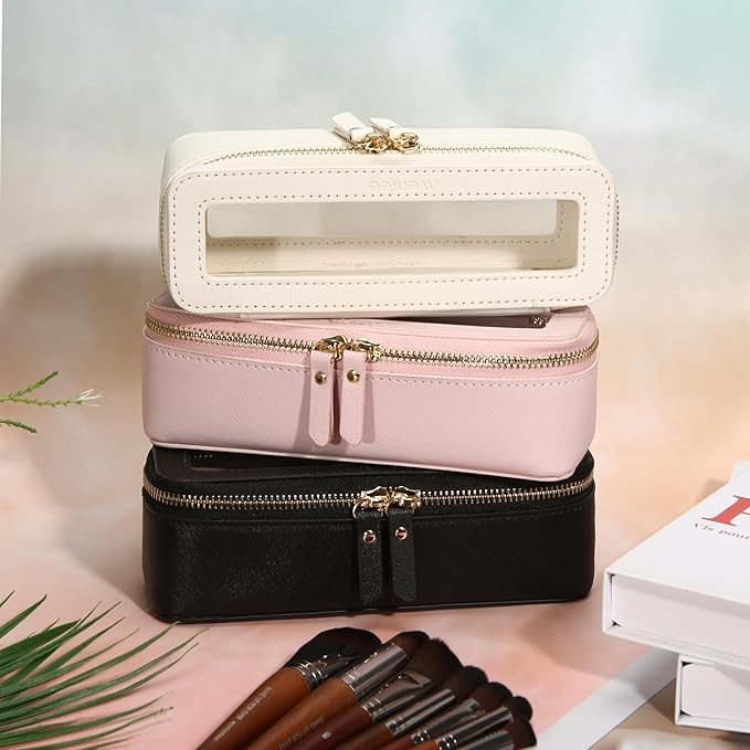 Aveniee Clear Makeup Brush Bag,Slim Cosmetic Brush Holder,Small Toiletry Bag Mini Travel Case for Women,Thin Make up Bags with Dual Zipper,Cute Travel Essentials Organizer,Black