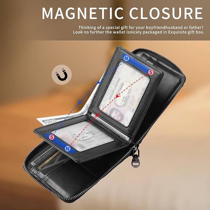 Men’s RFID Blocking Zipper Large Dimensions Wallet with 2 ID Windows - Large Capacity Design, 13 Credit Card Slots