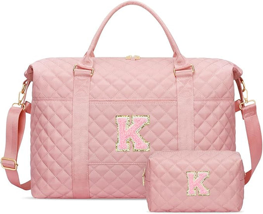 Gifts for Teen Girl, Initial Travel Duffle Bag, Personalized Women Weekender Overnight Bags, Gift for Daughter Kid Mom Friend College Girl Graduation Teacher（Pink,K)