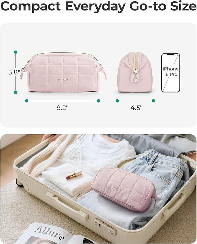 BAGSMART Makeup Bag Travel Toiletry Bag, Puffy Padded Make Up Bags for Women Makeup Organizer Case, Wide-open Pouch Purse Travel Essentials Toiletries Accessories Brushes, Leopard