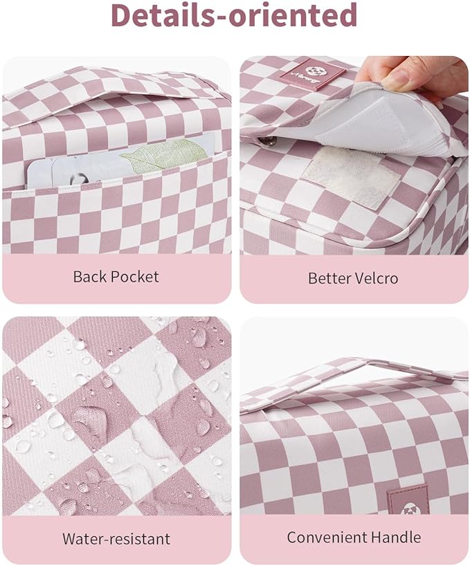 Narwey Small Hanging Travel Toiletry Bag for Traveling Women, Checkered Travel Bag for Toiletries, Makeup Bag Organizer Make Up Cosmetic Bags (Dusty Pink Checkerboard)