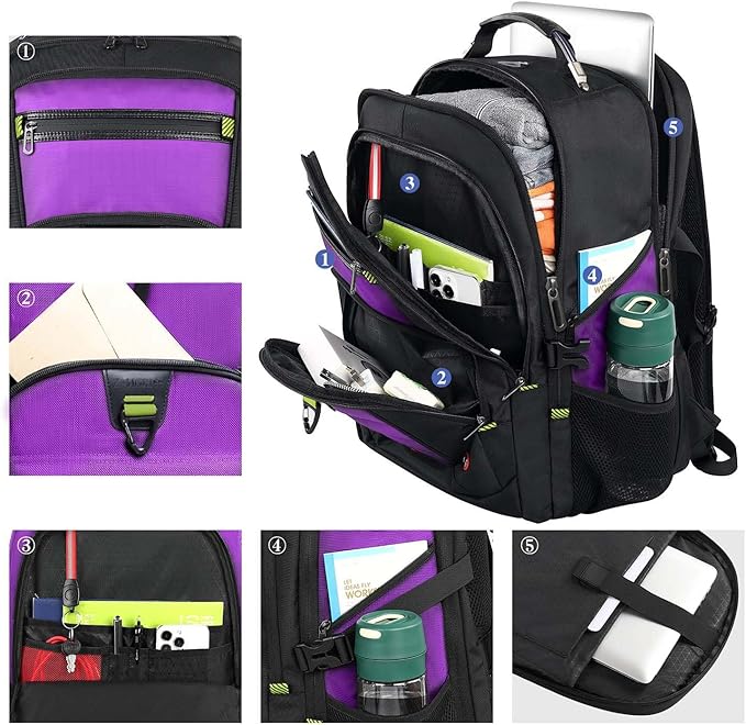Z-MGKISS 52L Travel Backpack for Women, Large Waterproof Anti-Theft Backpack 17.3 Inch with USB Port, TSA-Approved Daypack, Gifts for Women Teacher Business College, Purple
