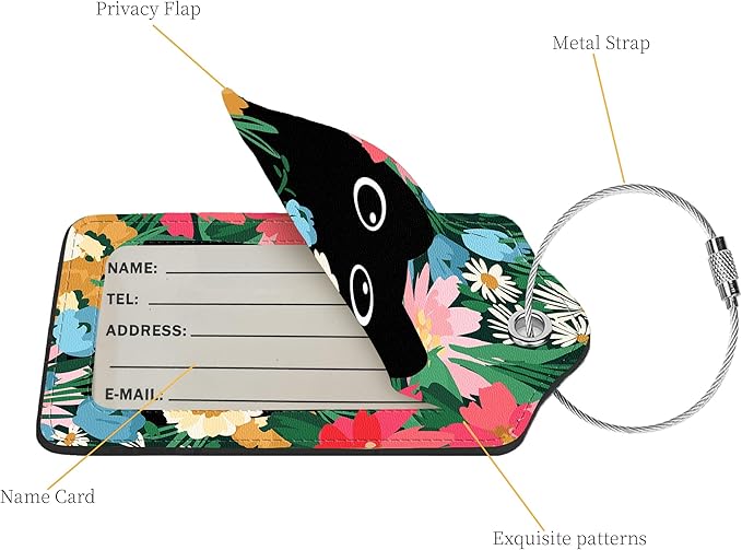 2 Pcs Luggage Tags for Suitcase, Cute Unique PU Leather Travel Bag Tag with Privacy Cover ID Label Address Card and Durable Metal Ring Suitable for Men Women Children Backpack,Flower and Black Cat
