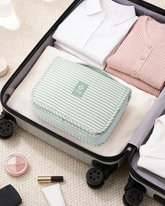 Narwey Small Hanging Toiletry Bag for Travel Women Girl, Striped Toiletries Travel Bag with Hook, Hanging Makeup Bag Organizer Make Up Cosmetic Bags (Mint Green Stripe)