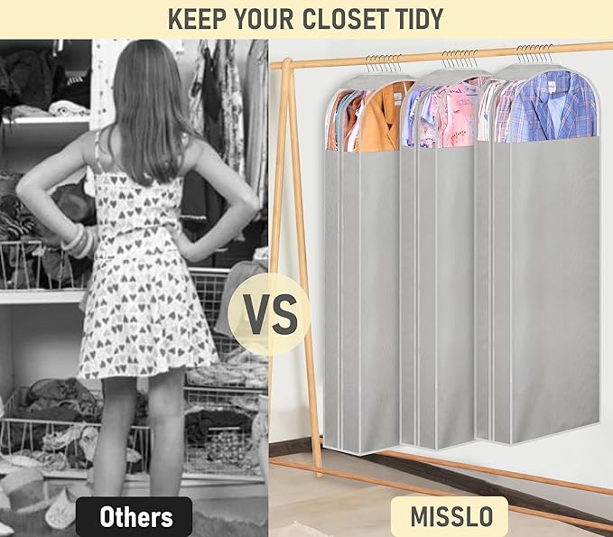 MISSLO 10" Gusseted Garment Bags for Hanging Clothes Storage 60" Dress Bags for Gowns Long Breathable Dress Cover for Closet Storage Coat Protector, 3 Packs, Grey