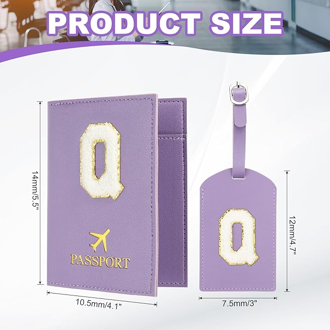 PATIKIL Passport Holder for Travel, Initial Passport Cover and Luggage Tag Set with Alphabet Chenille Letter Patch Travel Wallet Bag Suitcase Identifier for Women Family Travel Purple Q