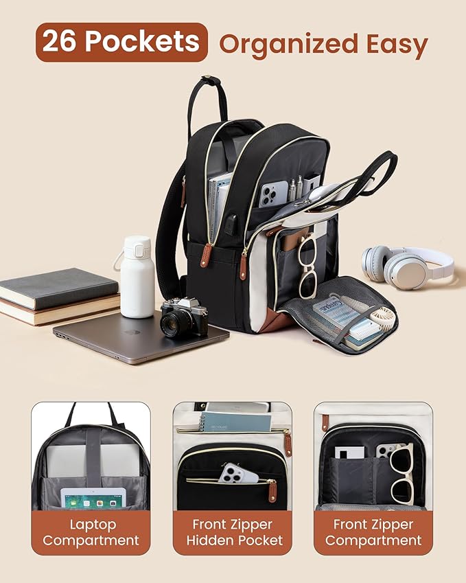 LOVEVOOK Backpack for Women,Laptop Backpack Women,Fit 15.6 Inch Laptop Bag,School Backpack,Fashion Travel Work Anti-theft Bag,Waterproof Business Computer College Backpack Purse,Beige-Black-Brown(usb)