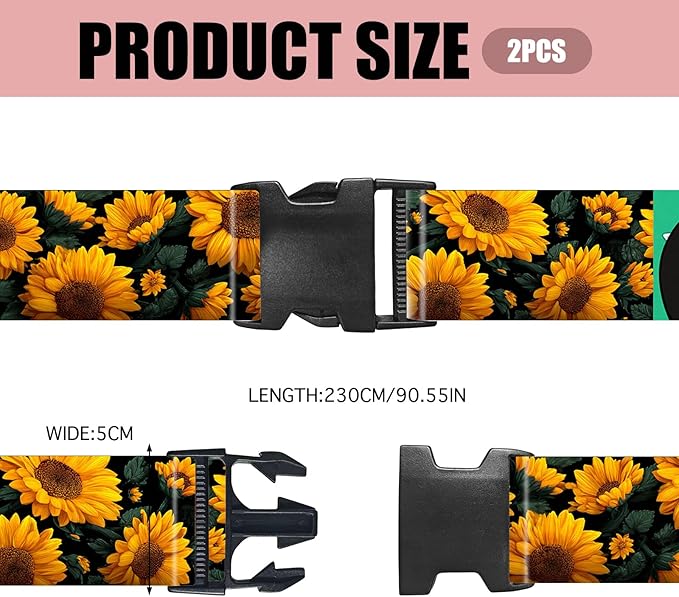Nuxovilar Luggage Straps of 2 Set Sunflower Pattern, 1.96x90.5 inches - Luggage Straps for Suitcases, Ideal for Nature Trips, Outdoor Journeys, Daily Use