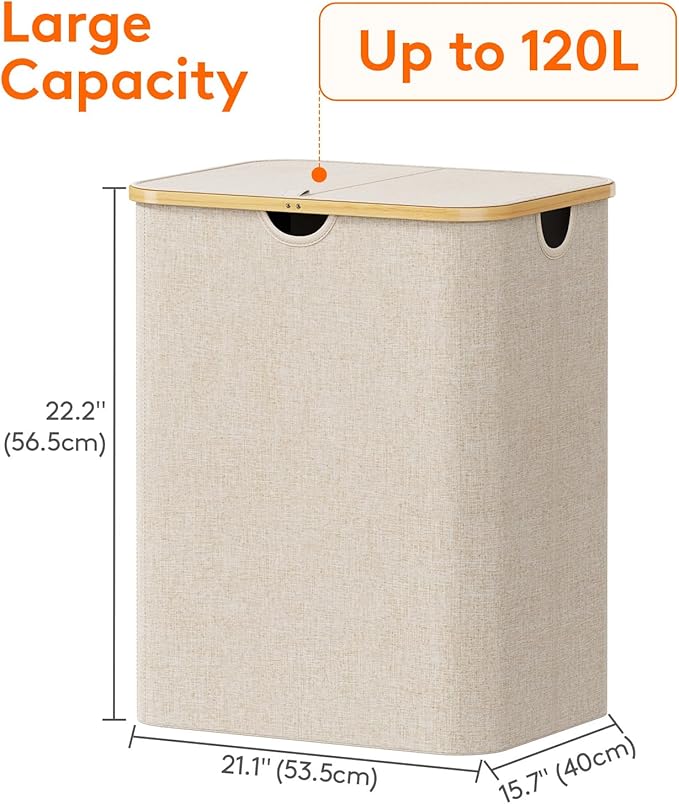 Lifewit 120L Laundry Basket with Lid, Clothes Hampers for Laundry with Bamboo Handles and 2 Removable Bag, Large Foldable Laundry Hamper for Bedroom, Bathroom, Dorm, Laundry Room, Beige