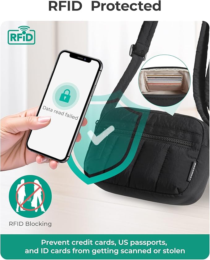 BAGSMART Cross Body Purse, Mini Crossbody Bags for Women Travel Purse, Puffy Shoulder Handbag Wallet with RFID Blocking Slots, Black-small