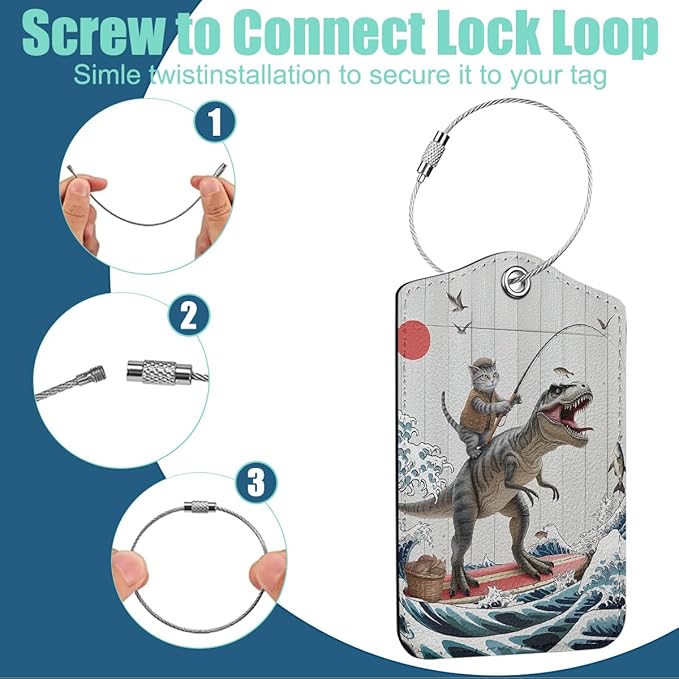 Funny Surfing Cat Riding a Dinosaur Luggage Tag, Suitcase Tags with Privacy Flap and Metal Loop, Luggage Tags for Suitcases, Identifiers Travel Essentials Bag Tag, Cat Lovers Gifts for Women Friends