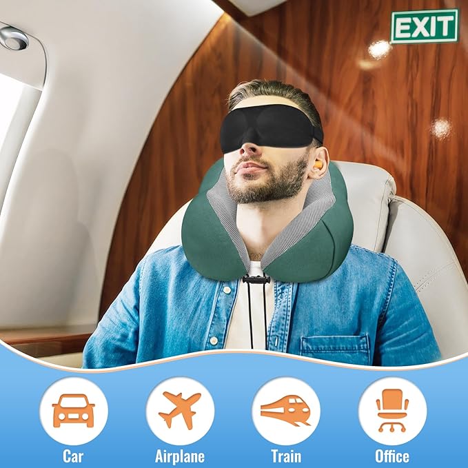 CloudBliss Travel Pillow Premium Memory Foam, Comfortable & Supportive Neck Pillow, Neck Pillows for Sleeping Travel, Airplane Pillow for Sleeping Airplane, Car, Office and Home（Black & Green）