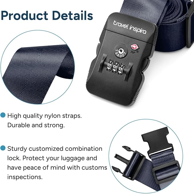 Travel Inspira Luggage Straps TSA Approved, 2 Pack Navy Blue Suitcase Straps with TSA Lock, Heavy Duty Adjustable Cross Travel Belt, Locking Bag Straps for Suitcases, Anti-Theft Travel Gear