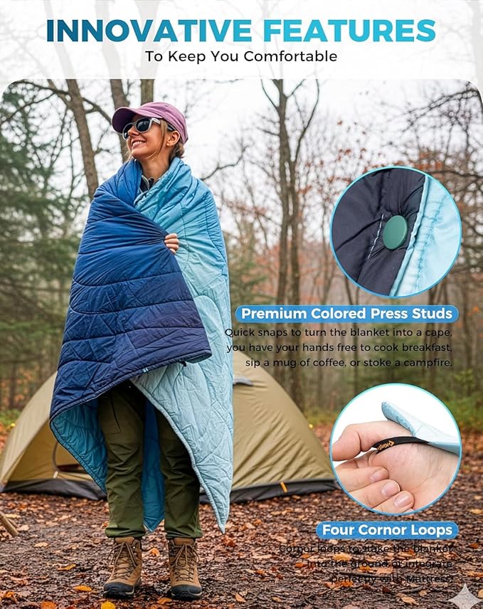 KingCamp Ultralight Camping Blanket, Packable Down Alternative Puffy Printed Wearable Blanket with Snap Buttons & Corner Loops Weatherproof Quilt for Outdoor Travel Stadium (78.7"L x 57.1”W, CYAN)
