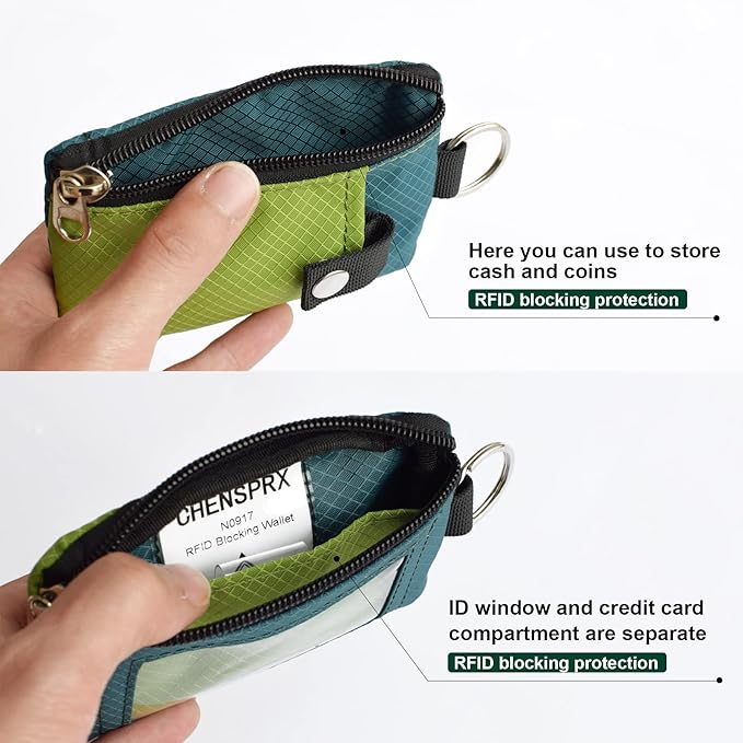 CHENSPRX Minimalist RFID Blocking Small Wallet with ID Window,WaterResistant Zip Id Case Wallet with Lanyard Keychain for Cards,Cash,Travel,Women,Men