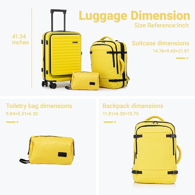 3 piece Luggage Set Expandable Suitcase 22x14x9 Airline Approved Carry on, Front Opening ABS Hard Case Suitcases with Spinner Wheels, TSA Lock
