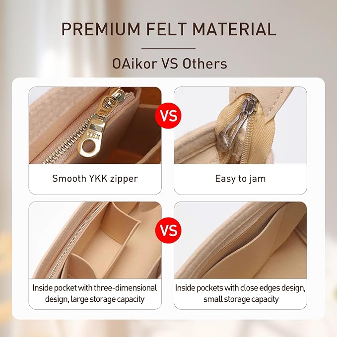 Felt Purse Organizer Insert with Zipper, Tote Bag Organizer with Base Shaper, Fits for lv Neverfull PM, City 30 and More,Lightweight Bag Dividers for Women Luxury Tote HandBags,M/Beige