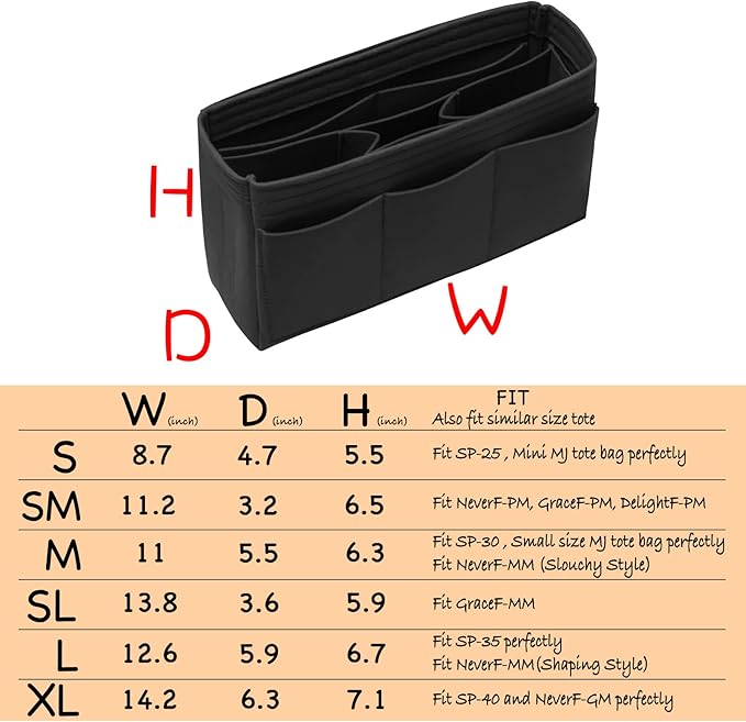 DailyPlus Felt Bag Organizer Insert - Pursue or Tote - 14 Pockets - Black Slender Medium