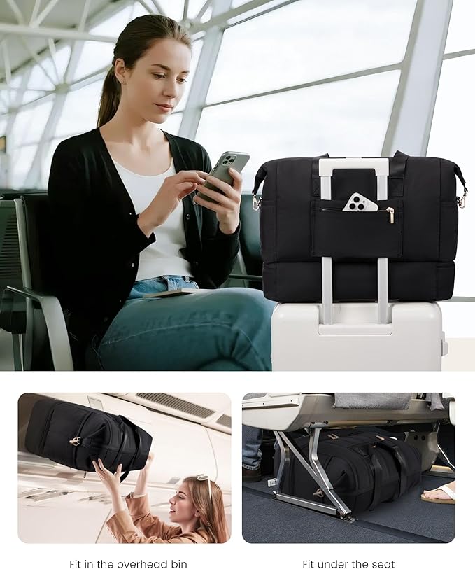 LOVEVOOK Travel Duffle Bag,Puffer Weekender Bags For Women with Shoe Compartment,42L Carry On Duffel Bags For Airplanes,Hospital Bag for Labor and Delivery,Overnight Bag With Toiltry Bag,2Pcs Set