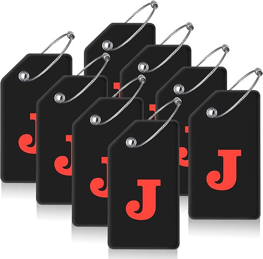 Gostwo 8 Pack Luggage Tags for Suitcases, 26 Initial Letter Travel Luggage Baggage Identification Labels ID Tags Fully Bendable Tags with Stainless Steel Loop (Letter J, Black)